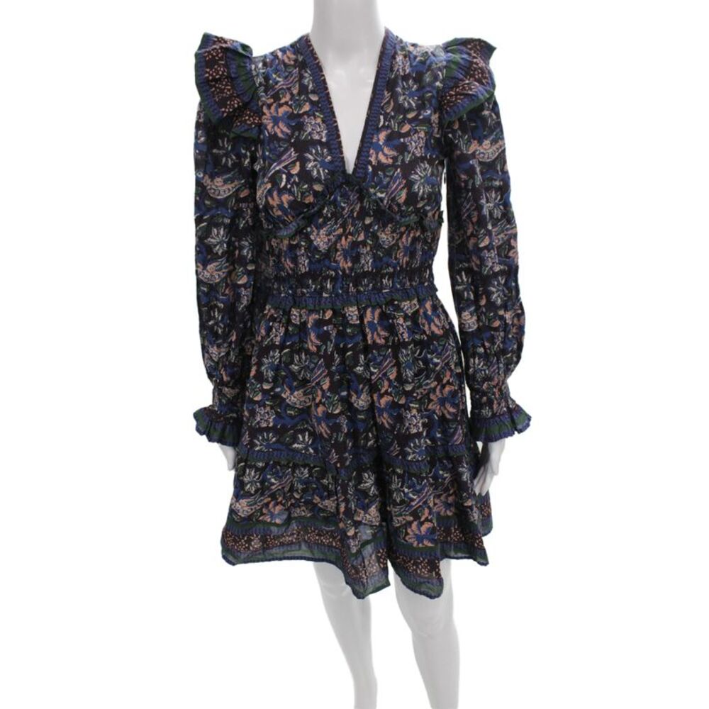 Sea Womens Mini Floral V-Neck Cotton Dress Long Sleeve Multicolor Size 0